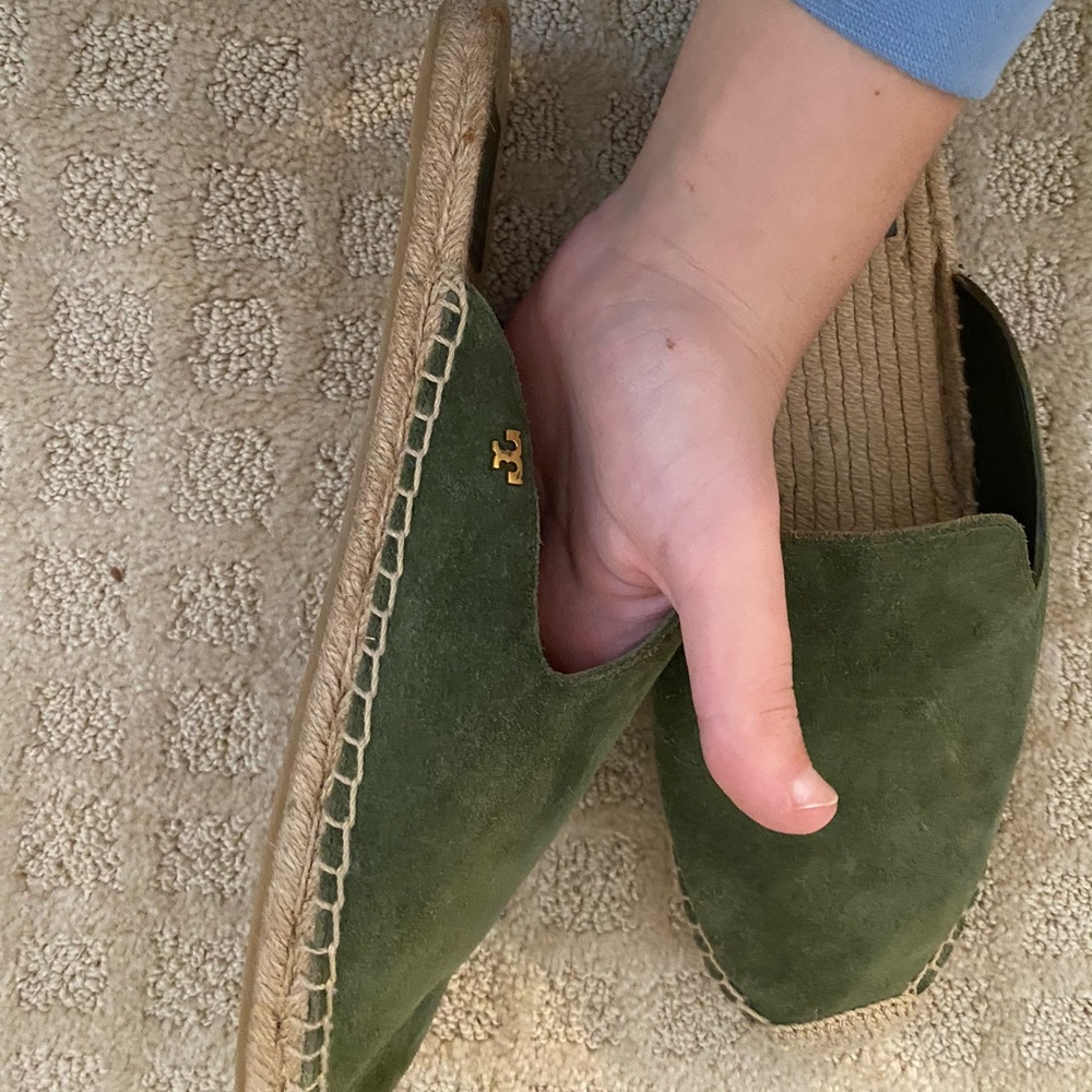 Tory Burch green espadrille slides